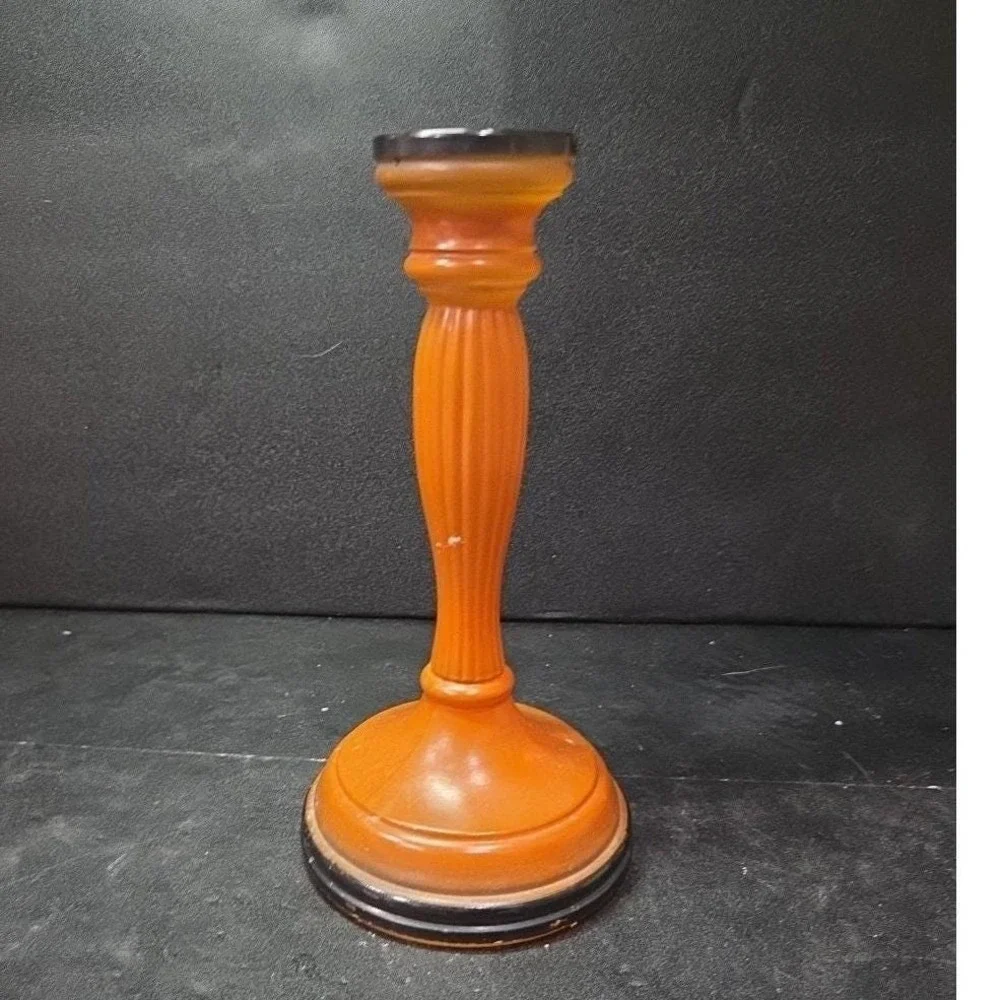 Halloween Matte Painted Glass‎ Candlestick, Orange & Black Candle Holder, Fall